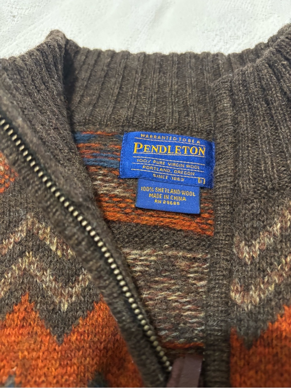 Pendleton Brown Chevron Zip-Neck Sweater with Rust and Navy Accents size L - Picture 2 of 5